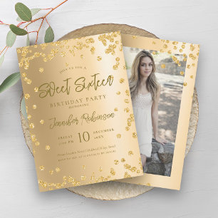 Glam Gold Chic Glitter Photo Sweet 16   Invitation