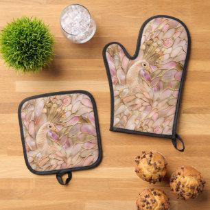 Glam Gold Chic Pink Peacock Oven Mitt & Pot Holder Set