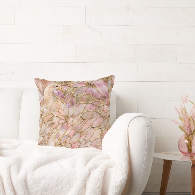 Glam Gold Chic Pink Peacock Throw Pillow (Couch)