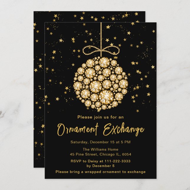 Glam Gold Christmas Ornament Exchange Invitation (Front/Back)