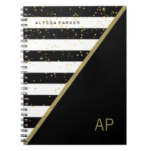 Glam Gold Confetti and Black and White Stripes Notebook
