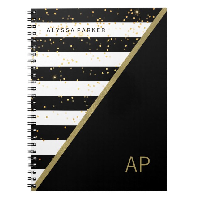 Glam Gold Confetti and Black and White Stripes Notebook (Front)