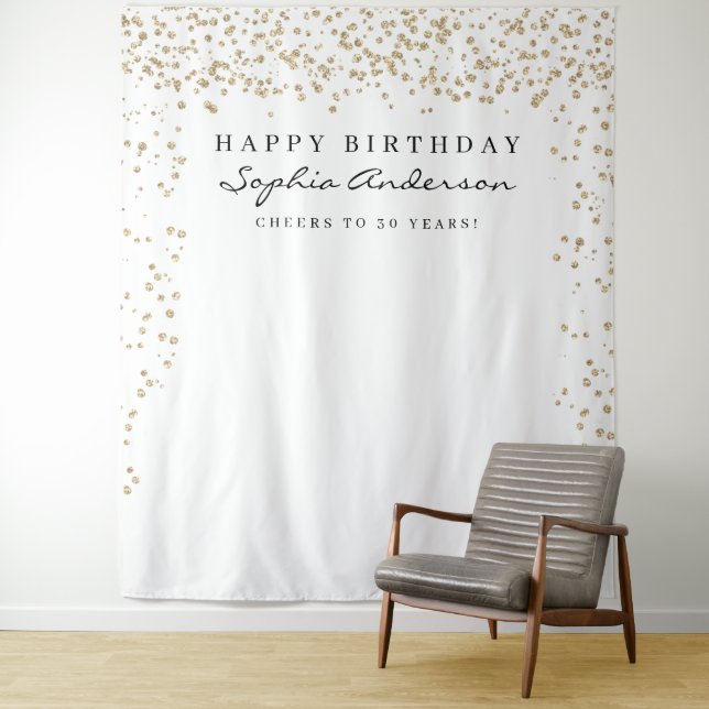 Glam Gold Confetti Birthday Backdrop Any Age Tapestry (In Situ)