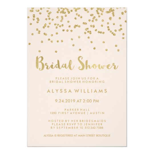 Glam Gold Confetti Bridal Shower on Blush Pink Card