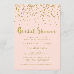 Glam Gold Confetti Bridal Shower on Blush Pink Invitation