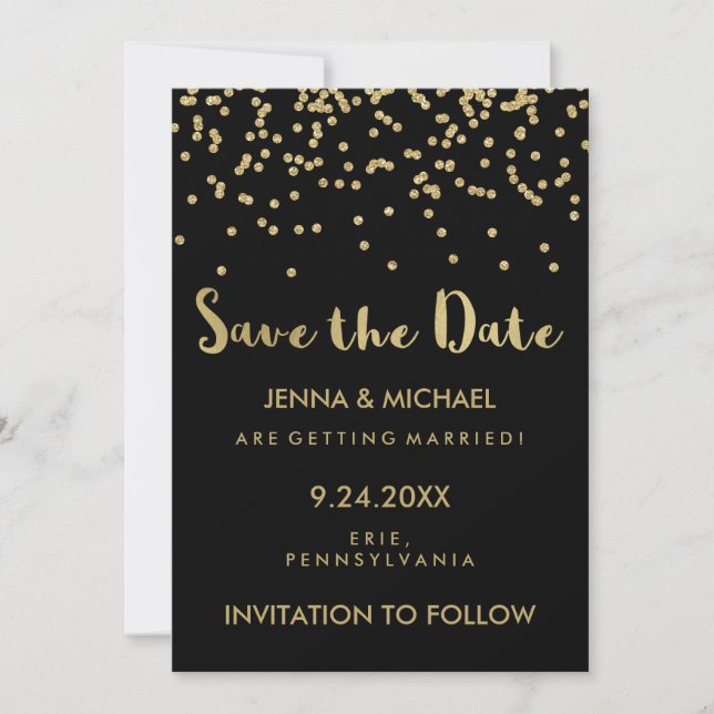 Glam Gold Confetti Wedding Save the Date on Black (Front)