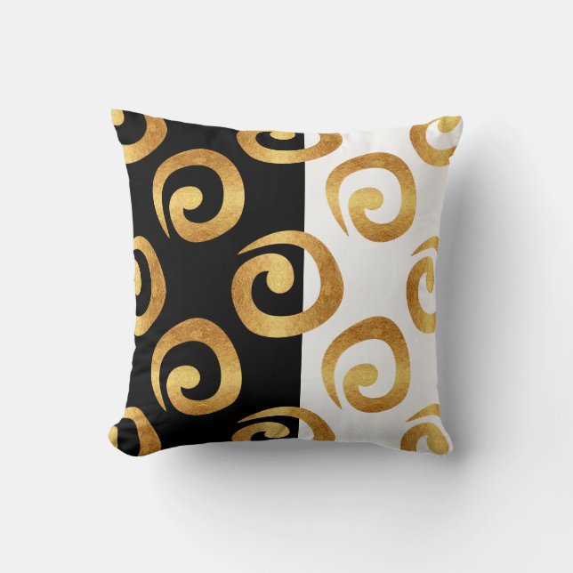 Glam Gold Curls on Black and White Throw Pillow (Front)