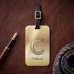 Glam Gold Diamond Monogram Initial Letter C Luggage Tag