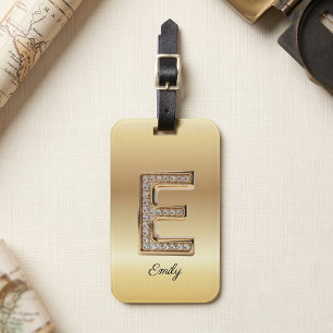 Glam Gold Diamond Monogram Initial Letter E Luggage Tag