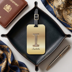 Glam Gold Diamond Monogram Initial Letter I Luggage Tag