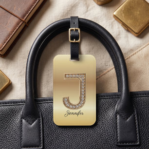 Glam Gold Diamond Monogram Initial Letter J Luggage Tag