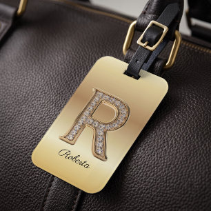 Glam Gold Diamond Monogram Initial Letter R Luggage Tag
