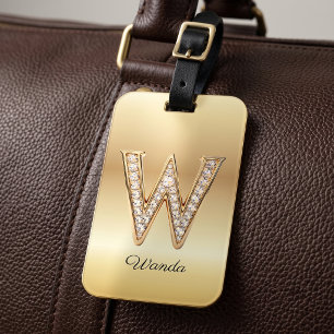 Glam Gold Diamond Monogram Initial Letter W Luggage Tag