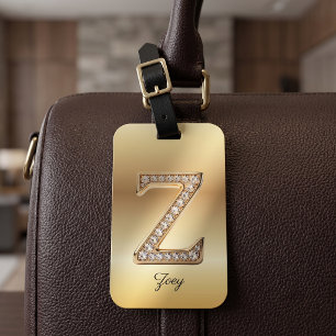 Glam Gold Diamond Monogram Initial Letter Z Luggage Tag