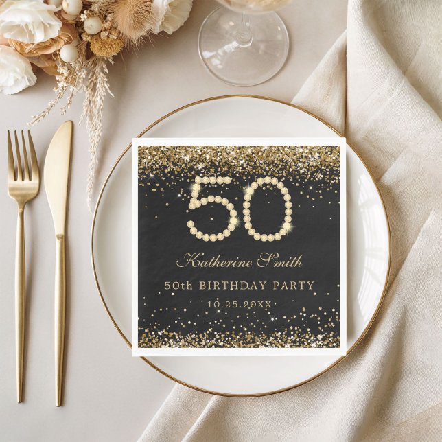 Glam Gold Diamonds 50th Birthday Party  Napkin (Gold Diamonds 50th Birthday Party Napkins)
