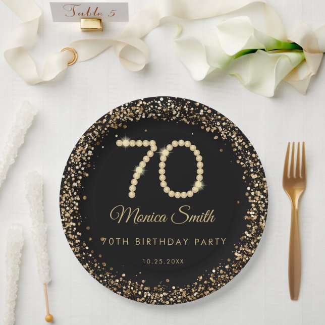 Glam Gold Diamonds 70th Birthday Party Paper Plate (Wedding)