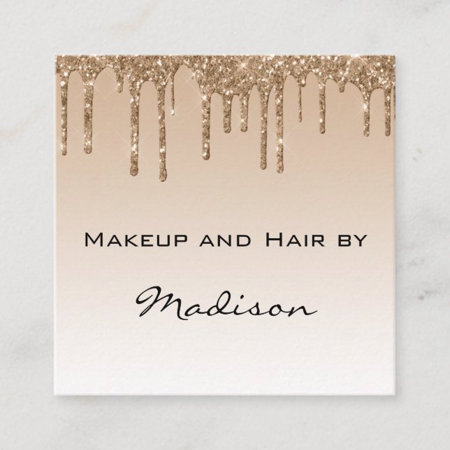Glam Gold Dripping Glitter Drips Makeup Artist Square Business Card (Front)