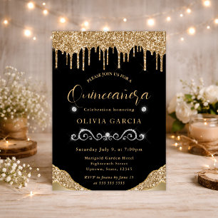Glam Gold Dripping Glitter Quinceanera Invitation