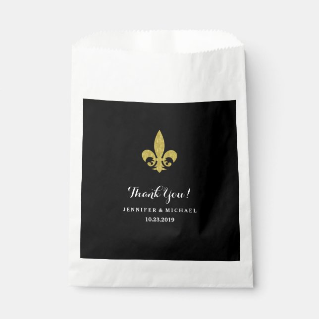 Glam Gold Fleur de Lis for Wedding on Black Favour Bag (Front)