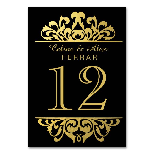 Glam Gold Foil Flourish Table Numbers | black gold (Front)