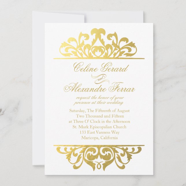 Glam Gold Foil Flourish Wedding | white gold Invitation (Front)