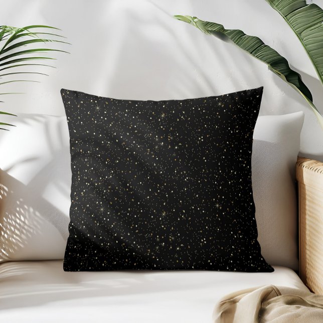 Glam gold glitter and sparkles image on black throw pillow (Creator Uploaded)