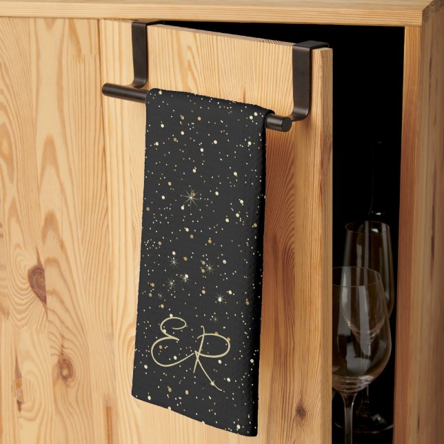 Glam gold glitter and sparkles on black image kitchen towel (Thirds Fold)