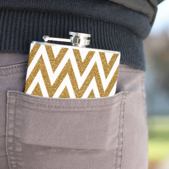 Glam gold glitter and white chevron stripes hip flask (In Situ)