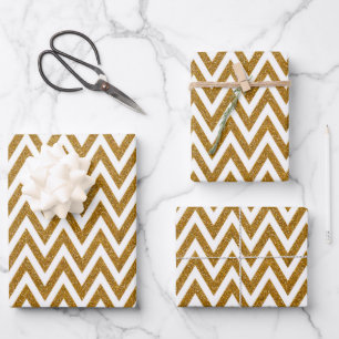 Glam gold glitter and white chevron stripes wrapping paper sheet
