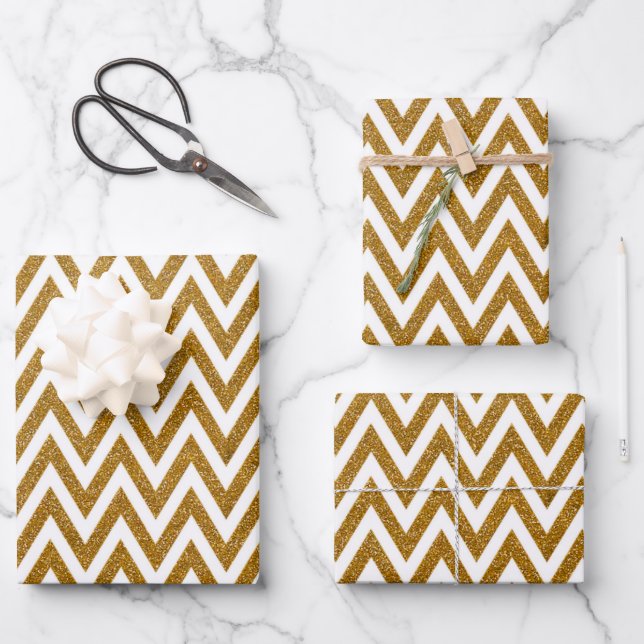 Glam gold glitter and white chevron stripes wrapping paper sheet (Front)