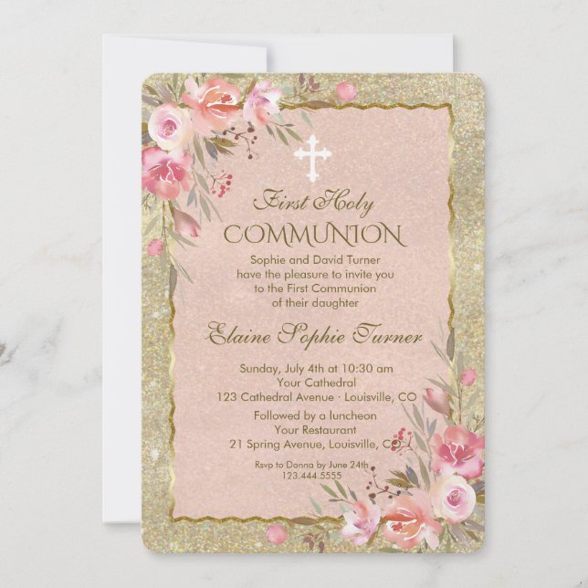 Glam Gold Glitter Blush Floral First Communion Invitation (Front)