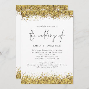 Glam Gold Glitter Borders Script QR Code Wedding Invitation