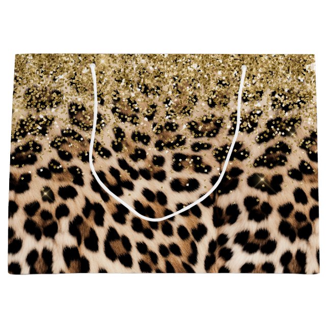 Glam Gold Glitter Cream Leopard Glitter Large Gift Bag (Front)