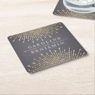 Glam gold glitter deco vintage wedding monogram square paper coaster
