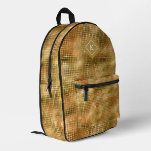 Glam gold glitter disco mirrors pattern monogram printed backpack