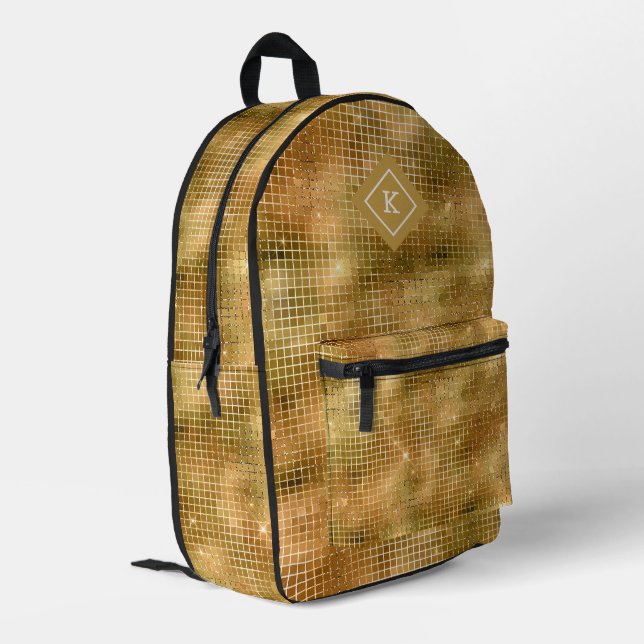 Glam gold glitter disco mirrors pattern monogram printed backpack (Back Corner Left)