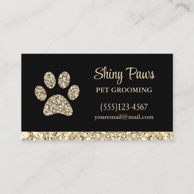Glam Gold Glitter Dog Paw Print Pet Grooming Business Card (Front)