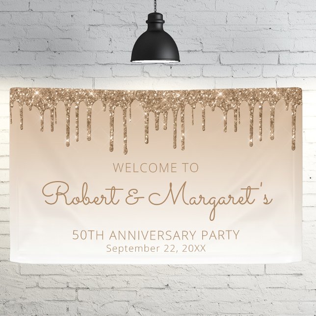 Glam Gold Glitter Drip 50th Anniversary Party Banner (Creator Uploaded)