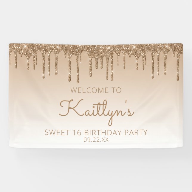 Glam Gold Glitter Drip Sweet 16 Party Banner (Horizontal)