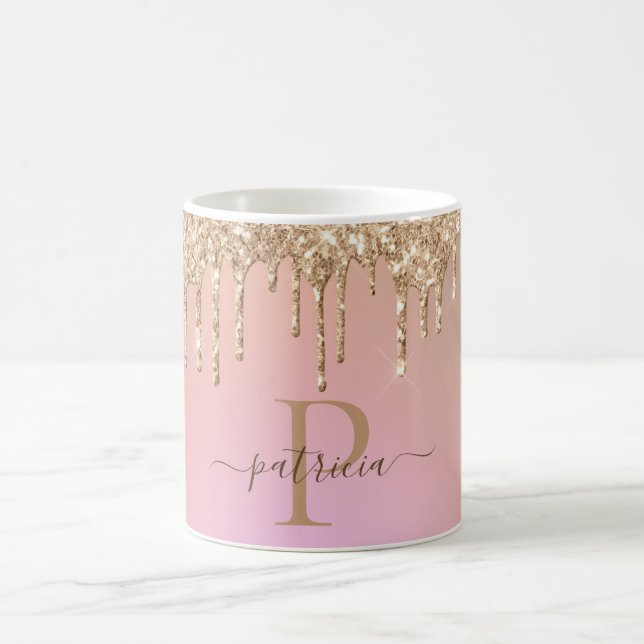 Glam Gold Glitter Drips Elegant Monogram  Coffee Mug (Center)