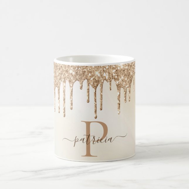 Glam Gold Glitter Drips Elegant Monogram  Coffee Mug (Center)
