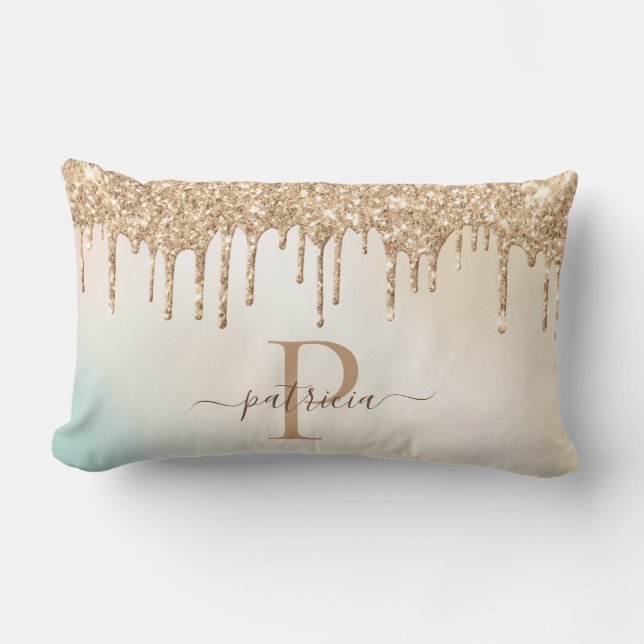 Glam Gold Glitter Drips Elegant Monogram  Lumbar Pillow (Front)