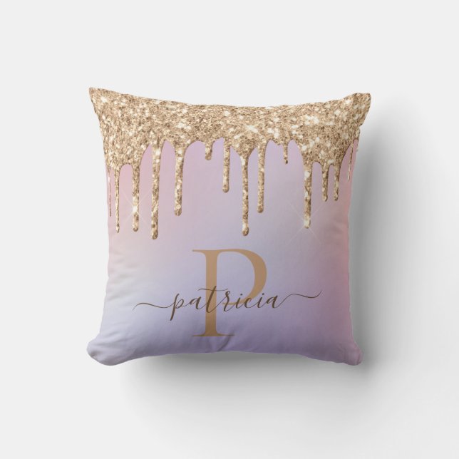Glam Gold Glitter Drips Elegant Monogram  Throw Pi Pillow (Front)
