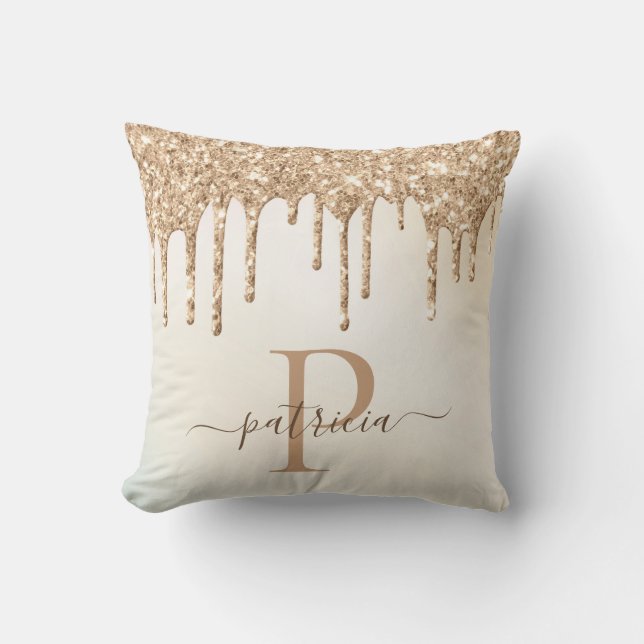 Glam Gold Glitter Drips Elegant Monogram Throw Pillow (Front)