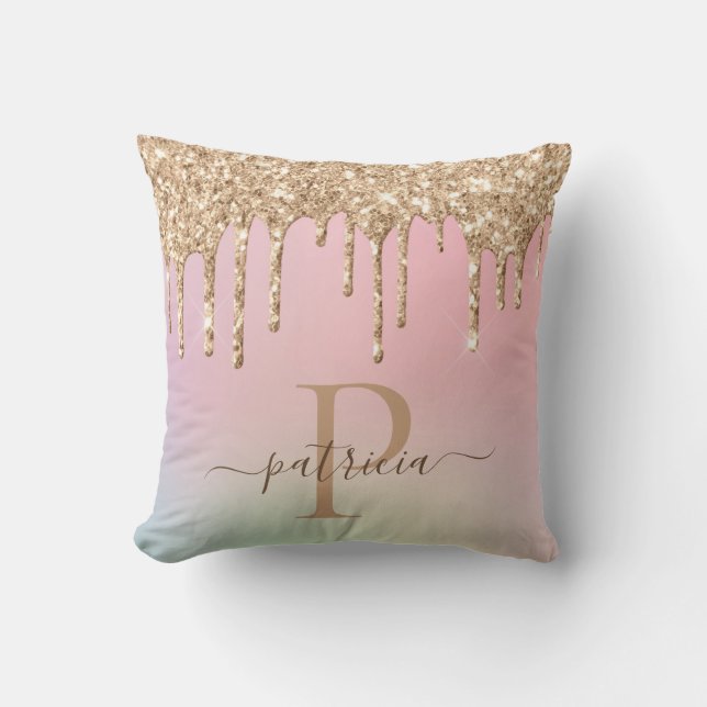 Glam Gold Glitter Drips Elegant Monogram  Throw Pillow (Front)