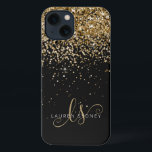 Glam Gold Glitter Elegant Monogram iPhone 13 Case<br><div class="desc">Glam Gold Glitter Elegant Monogram iPhone Case. Easily personalize this trendy chic phone case design featuring elegant gold sparkling glitter on a black background. The design features your handwritten script monogram with pretty swirls and name.</div>