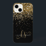 Glam Gold Glitter Elegant Monogram iPhone 14 Case<br><div class="desc">Glam Gold Glitter Elegant Monogram iPhone Case. Easily personalize this trendy chic phone case design featuring elegant gold sparkling glitter on a black background. The design features your handwritten script monogram with pretty swirls and name.</div>