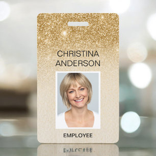 Glam Gold Glitter Employee Name Photo Corporate Badge