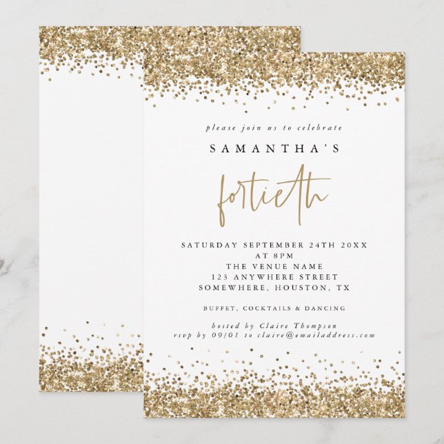 Glam Gold Glitter Fortieth Party Invitation (Front/Back)