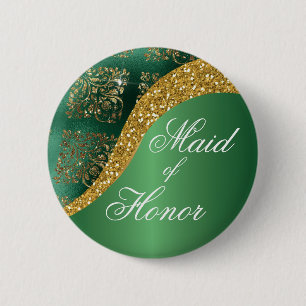 Glam Gold Glitter Green Metallic Maid of Honour 2 Inch Round Button
